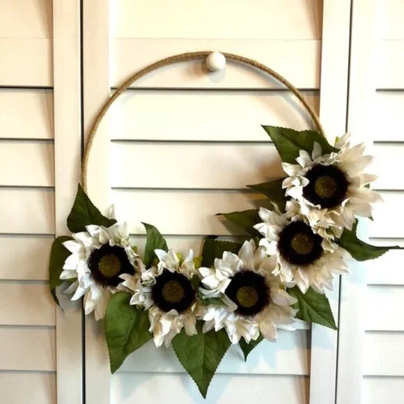 Off-White Sparkle Sunflower Leaf Floral Decor Spring Twine Tweed Hoop Wreath - Picture 1 of 4